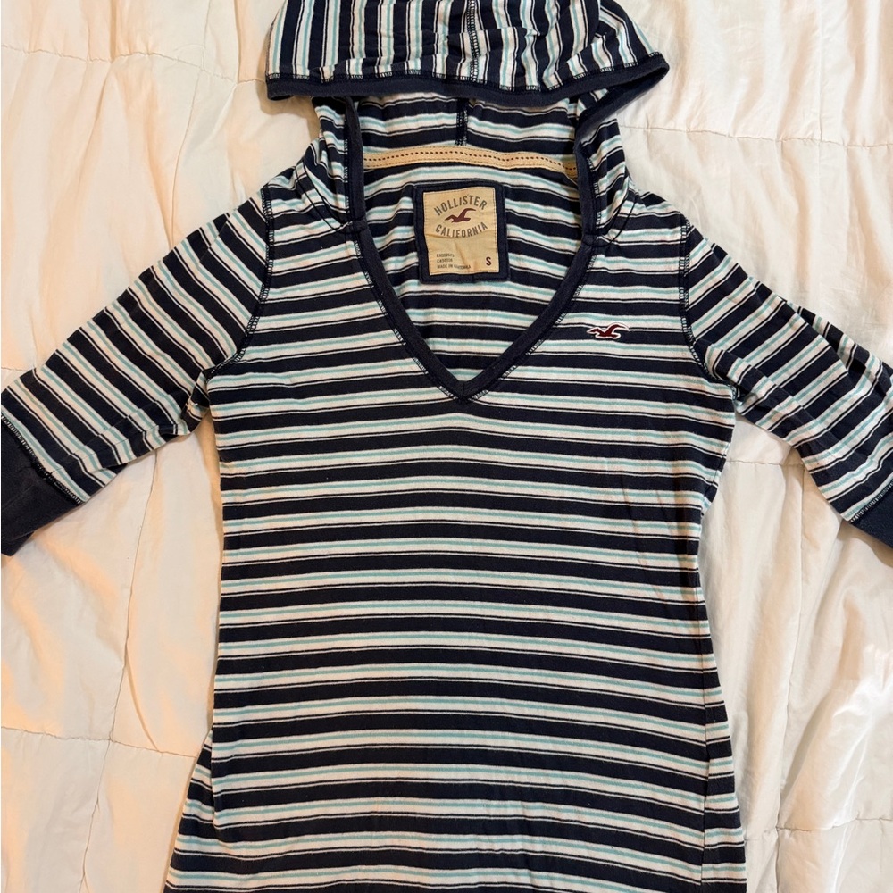 Hollister Navy, White & Light Blue Striped Hooded Pullover